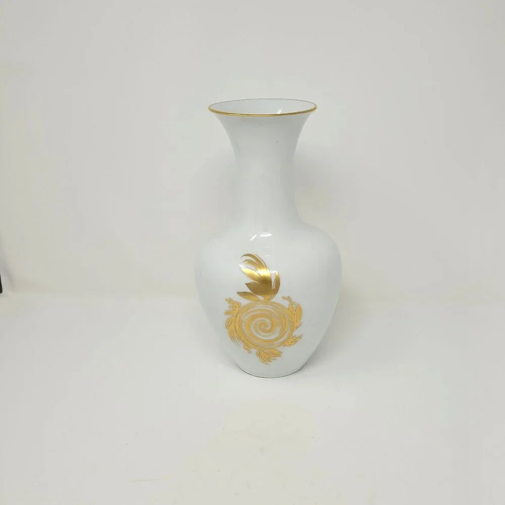 Vintage 1960s Hutschenreuther Germany White Gold Motif & Rim Vase Backstamp 10